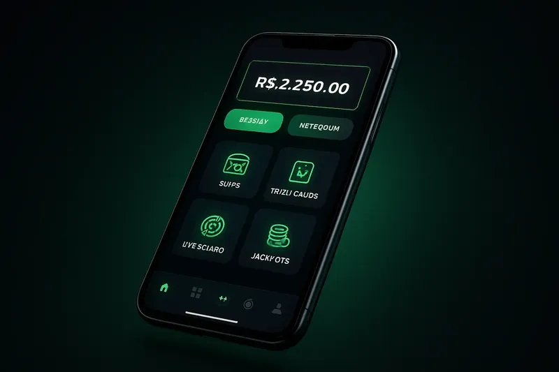 App De Cassino Premium Smartphone moderno flutuando com app de cassino escuro e botões verdes