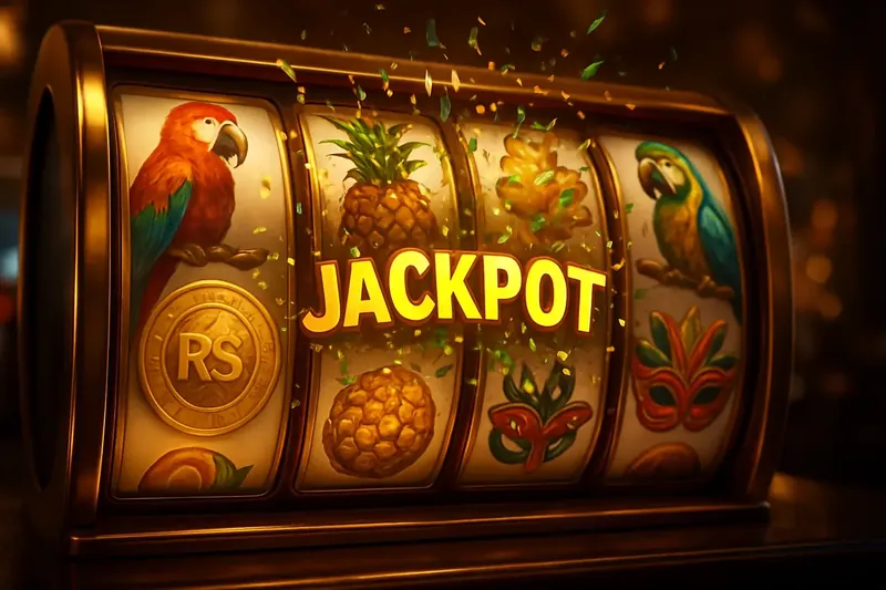 Jackpot Tropical Brasileiro Caça-níqueis brasileiro com rolos tropicais, moedas de real e confete verde e dourado