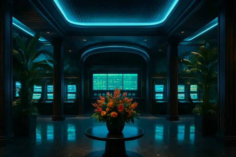 Lobby De Cassino Brasileiro Lobby de cassino elegante com decoração tropical brasileira e telas de jogos